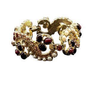 Ornate Gold-Tone Bracelet With Faux Pearls & Multi-Color Stones Ornate Swirl Des